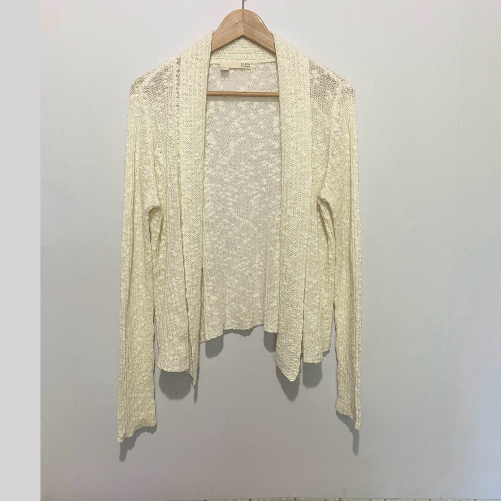 Eileen Fisher Women’s M Ivory Open Knit Cardigan Cotton Linen‎ Blend Minimalist